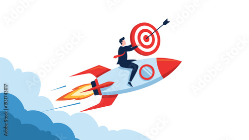 Businessman riding on fast rocket flying through clouds while holding target with arrow in center for successful business strategy.