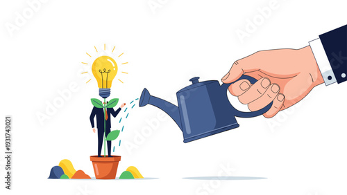 Giant businessman hand watering man with lightbulb for head growing in flowerpot representing nurturing and investing in new ideas.