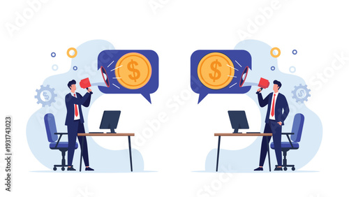 Two business professional men using megaphones to announce financial news around speech bubbles with large golden dollar coins.