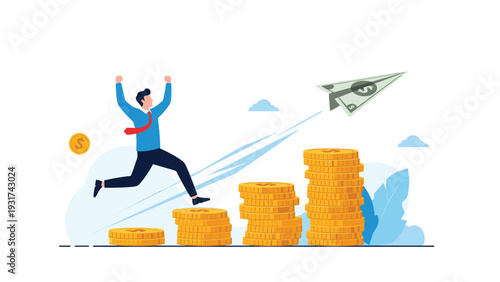 Happy businessman running up stairs made of gold coin stacks towards flying paper airplane made of dollar bill representing wealth.