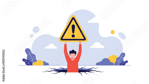 Businessman holding giant yellow warning triangle sign while peeking out from deep dark hole in ground representing business risk or trap.