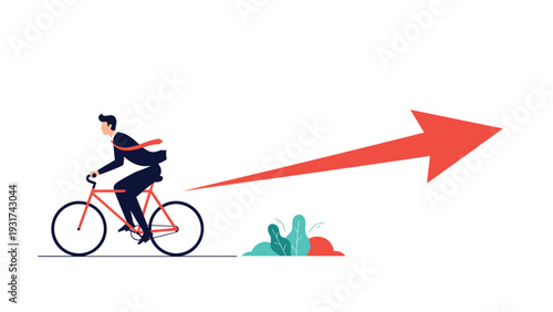 Businessman riding bicycle at high speed following large red growth arrow representing career progress and moving in right direction.