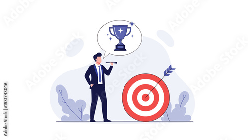 Businessman looking through telescope at target and dreaming of winning gold trophy cup as symbol of business victory and rewards.