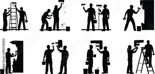 Collection of house painter silhouettes using rollers and ladders for wall painting renovation and maintenance work isolated on white background vector set