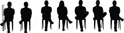 Black vector illustration set of seven silhouettes of people sitting on stools in different postures, human pose design collection