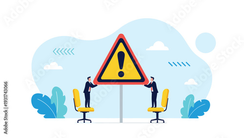 Two business professionals standing on chairs and holding up huge yellow warning triangle sign to alert colleagues of potential risk.