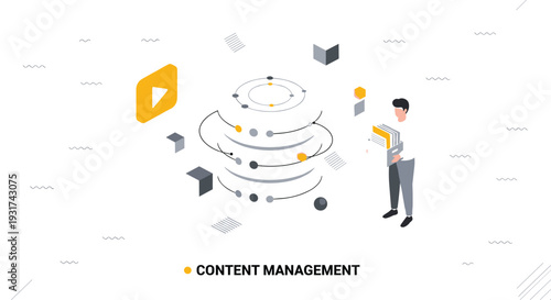 Isometric content management concept illustration with digital data organization workflow automation and online business strategy elements isolated on white background