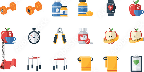 Fitness and Healthy Lifestyle Icon Set with Dumbbells Stopwatch Supplements Smartwatch Yoga Mat Jump Rope and Nutrition Elements.