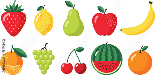 Fresh Fruit Vector Set with Strawberry Lemon Pear Apple Banana Orange Grape Cherry and Watermelon Healthy Food Illustration.