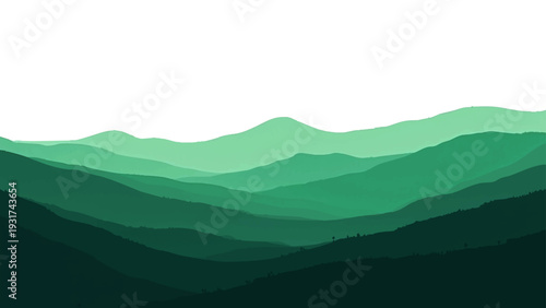Vector Emerald Peaks. An artful display of layered mountains, rendered in various shades of verdant green, evokes a sense of depth and tranquility. A minimalist depiction.
