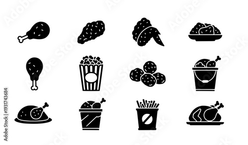 A set of black and white vector icons depicting various types of food and meals