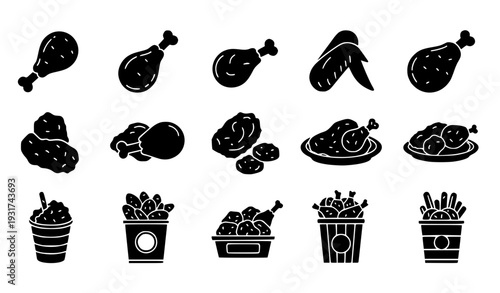 A set of black and white vector icons depicting various chicken and meat food items