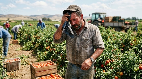 Farmer takes a break during tomato harvest.