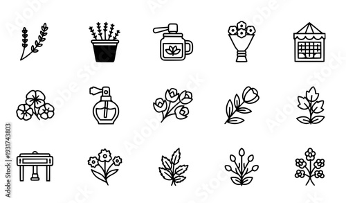 A set of minimalist floral icons and illustrations in a simple line art style