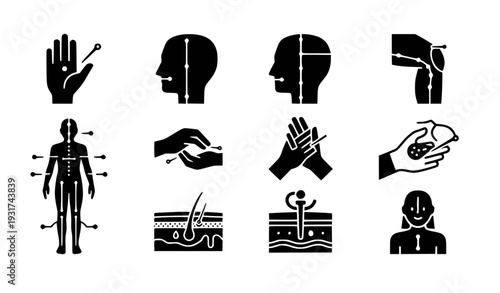 A set of black silhouette icons representing various human body parts and medical concepts