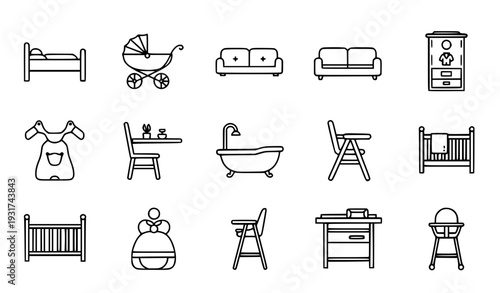 A set of minimalist baby nursery icons in a flat line art style