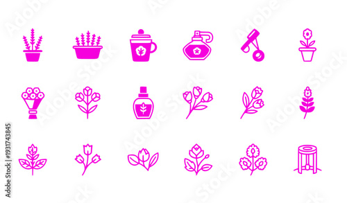 A set of vibrant pink vector icons depicting various gardening tools and plants on a clean white background