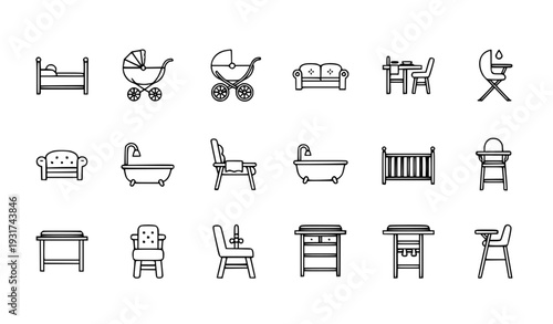 A set of minimalist line art icons depicting various baby and kid furniture
