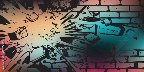 Fotografia Explosion of bricks and debris against a colorful stylized brick wall