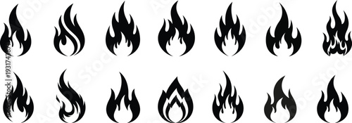 Collection of 16 black flame icons in various shapes and sizes