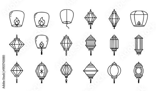 A set of black and white line art lanterns in various shapes and designs on a white background