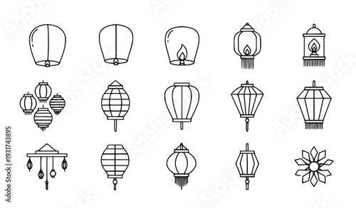 A set of minimalist line art lanterns and hanging decorations in a simple black and white design