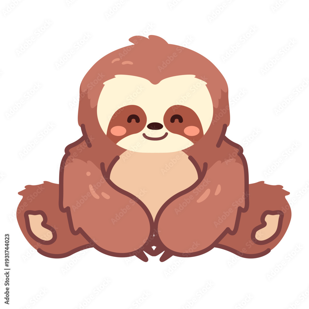 Fototapeta premium Cute brown sloth illustration. Kawaii baby sloth character sitting and smiling. Minimalist flat vector art for jungle themes, nursery decor, kids stickers, and children's book illustration. Adorable i
