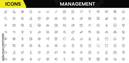 Management icon set. Contains such icons as schedule, human resource, management, development, planning, strategy, and more. Time management and planning concept