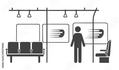 A minimalist vector graphic illustration of a person standing in a subway car with empty seats