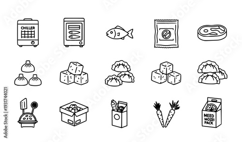 A set of black and white line art icons depicting various food and grocery items