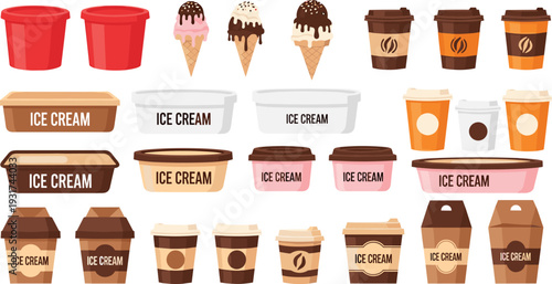Ice Cream Packaging and Coffee Cup Vector Set with Dessert Cones Tubs Takeaway Boxes and Beverage Containers Collection.