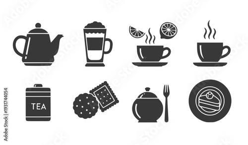 A set of black and white vector icons depicting various tea and food items
