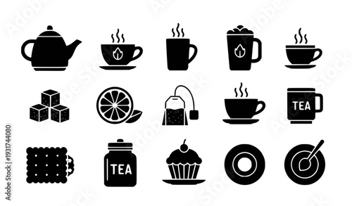 A set of black and white vector icons depicting various tea-related objects and symbols.