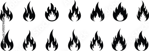 A collection of 16 black flame icons on a white background for design and decoration purposes