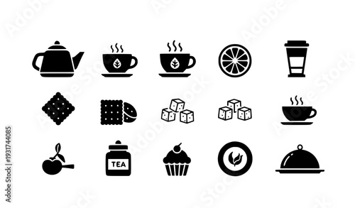 A set of black and white vector icons depicting various tea and food items on a white background