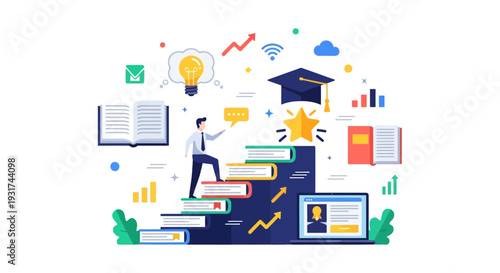 Education Success Path. Businessman Climbing Book Staircase Towards Graduation and Career Growth. E-learning, Knowledge, and Self-Improvement Flat Vector.