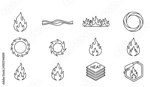 A set of minimalist line art icons depicting various flames and heat symbols in a simple, flat design style.