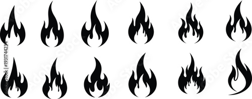 Collection of black flame icons in various shapes and sizes