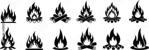 Collection of 12 different black flame icons on white background