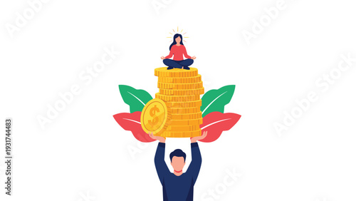 Powerful man lifting a stack of gold coins with a woman in a meditation pose on top representing financial peace and balance.
