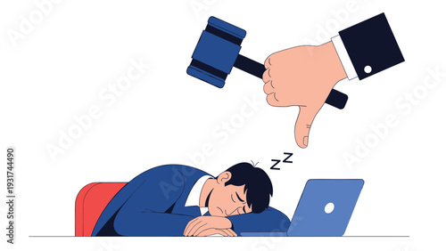 Businessman sleeping at his desk while a giant thumb down and a judge gavel symbolize failure and negative performance review.