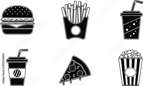 Black vector illustration set of six fast food icons including burger, fries, pizza, popcorn, coffee cup, soft drink design