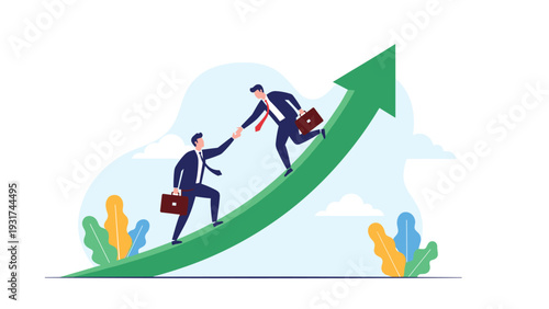 Successful businessman reaching down to help a colleague climb a rising green arrow representing mentorship and career growth.
