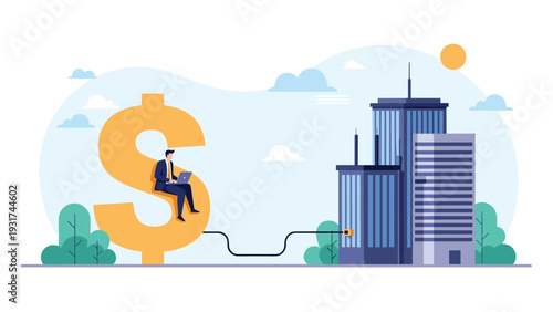 Businessman using laptop while sitting on huge golden dollar sign connected by wire to city building representing corporate finance.