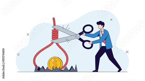 Resourceful entrepreneur cuts heavy rope noose to rescue golden dollar coin from dangerous metal trap with large scissors.