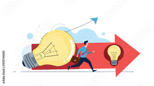 Motivated professional runs along giant red arrow toward huge glowing lightbulb to pursue creative new business ideas.