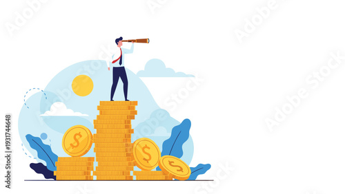 Successful investor stands atop highest stack of golden coins using spyglass to find next profitable market opportunity.