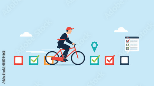 Efficient businessman rides bicycle past various task status boxes on checklist to represent productive work progress.