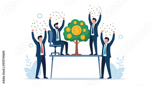 Joyful business team celebrates financial success around a growing money tree with gold coins on large office table.