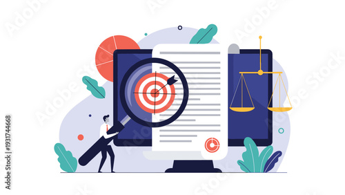 Precise legal expert uses magnifying glass to audit contract document with scales of justice and bullseye target icons.